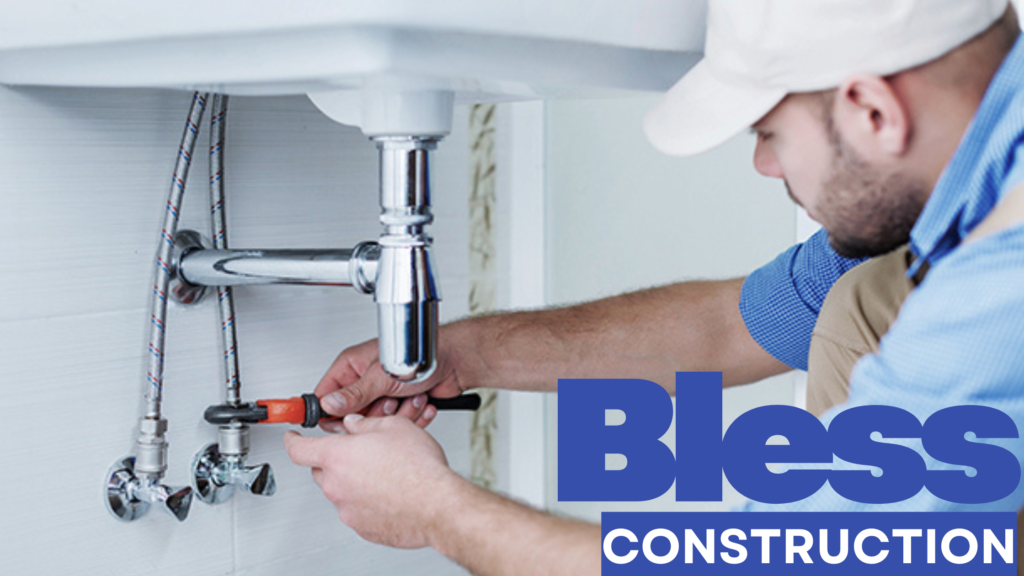 Professional plumber installing flush plumbing and heating system in modern home bathroom with advanced tools
